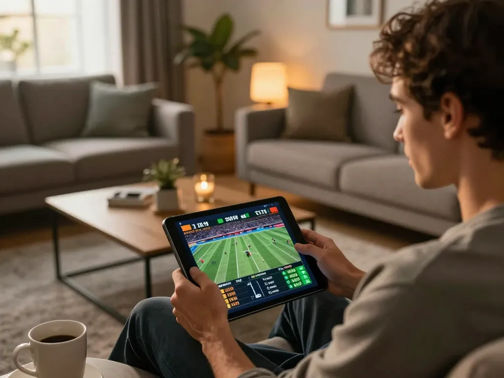Dabet online sports betting with a focused player analyzing odds during gameplay in a cozy home setting.
