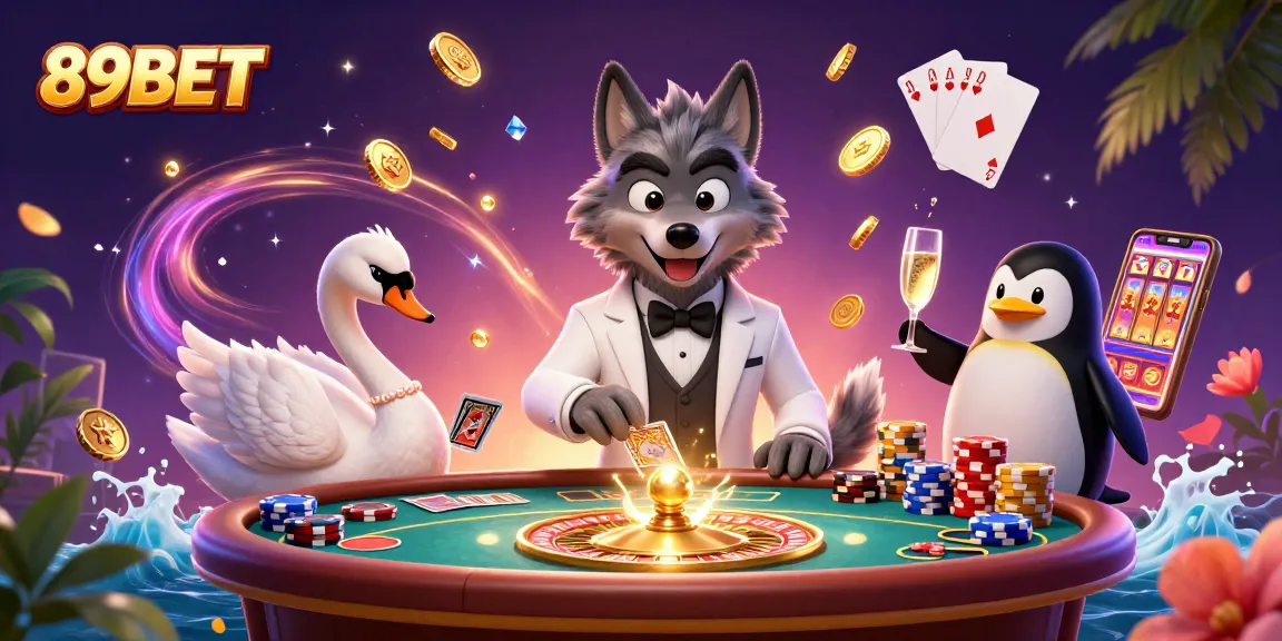 Bet big and win with 89BET in an exciting casino scene featuring vibrant characters and games.