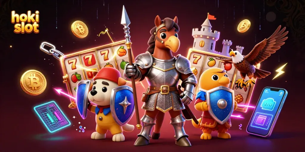 Engage with hoki slot action in this vibrant 3D illustration featuring dynamic slot elements.