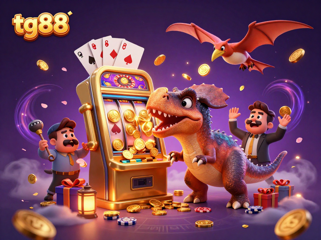 tg88 triumphs as a pachycephalosaurus activates a golden slot machine, sending coins flying in joy