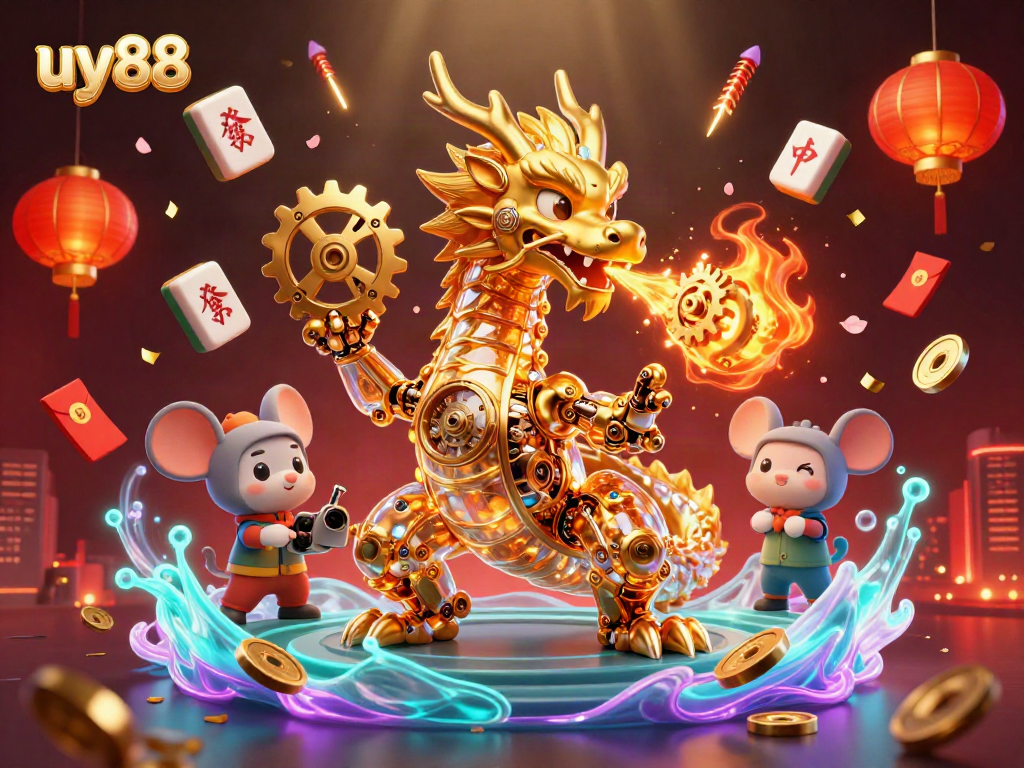 Engage with the uy88 gaming experience featuring a golden dragon breathing gears and vibrant casino elements.