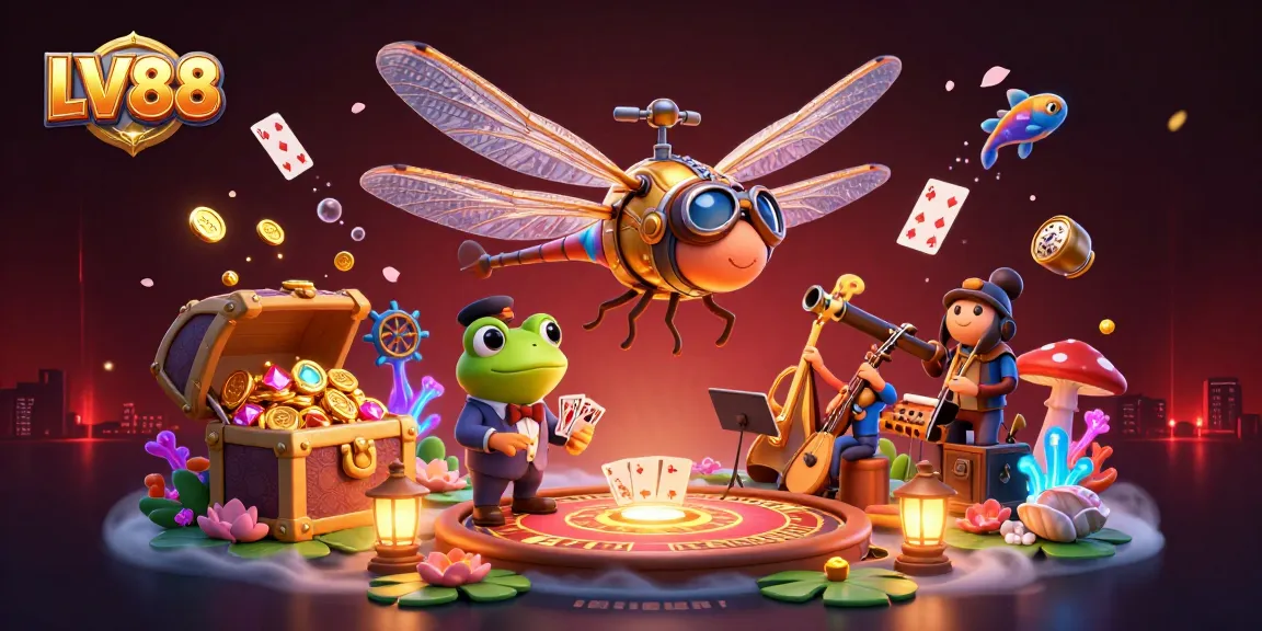 Experience thrilling gameplay with LV88 at a vibrant casino scene featuring a frog dealer and lively musicians.