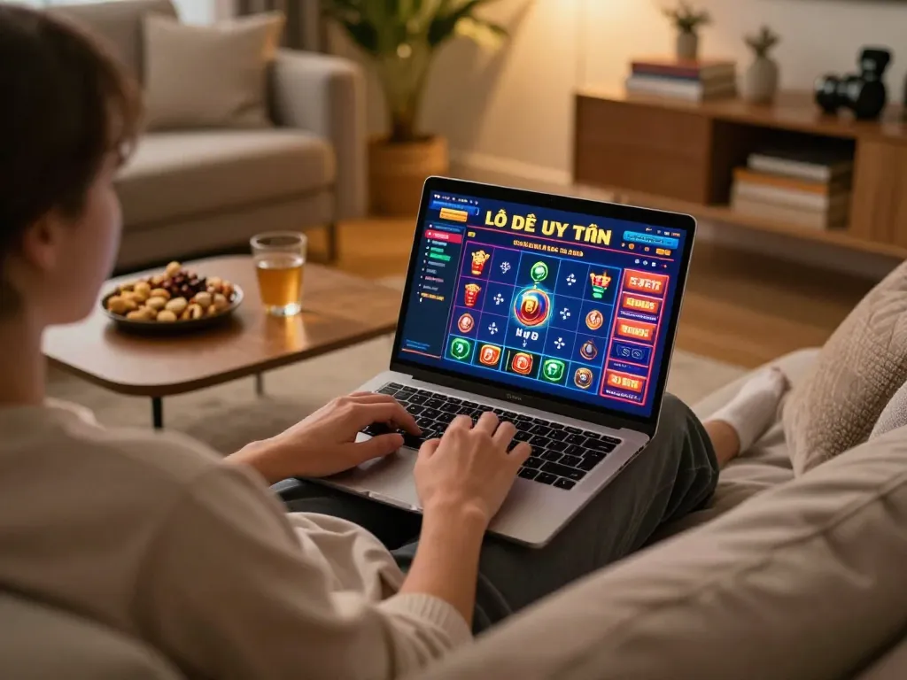 Lô Đề Uy Tín online gaming in a cozy home setting with a laptop and snacks.