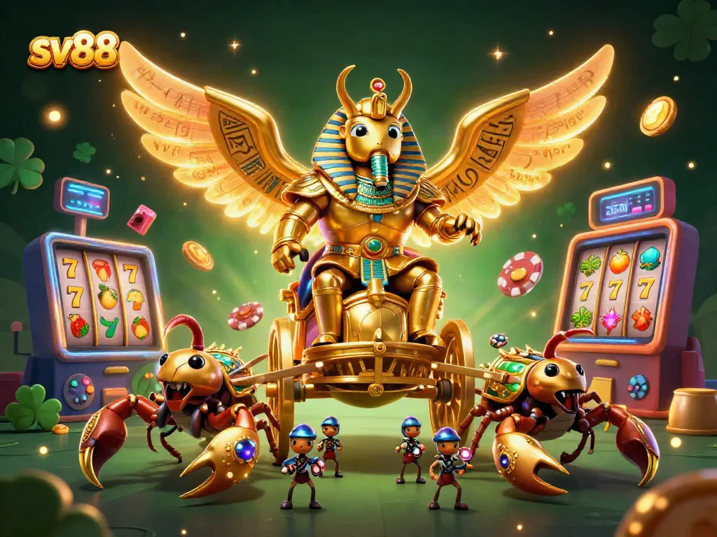 Engage in thrilling action with sv88’s colorful 3D slots and charming characters in a vibrant casino scene.