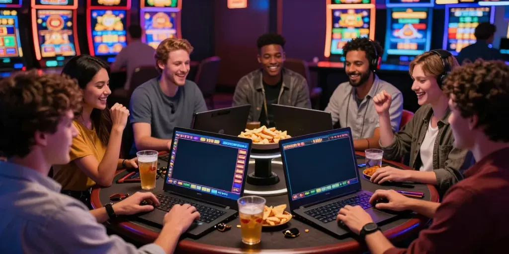 Diverse group enjoying bonus buy slots at an online casino table with vibrant digital slot graphics.