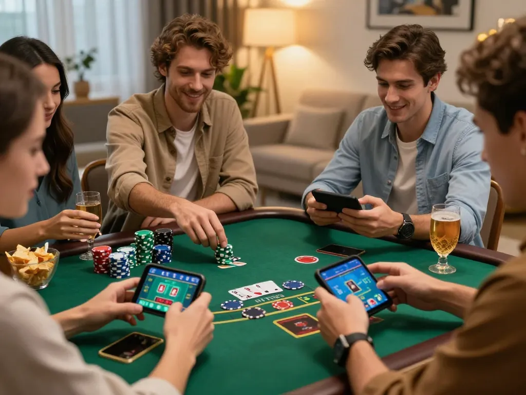Players using smartphones for debet in a lively home gaming session.