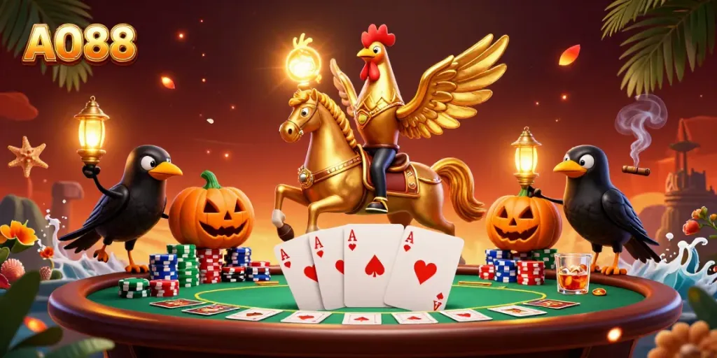 Experience high-stakes action at AO88 with golden rooster characters in a vibrant casino scene.