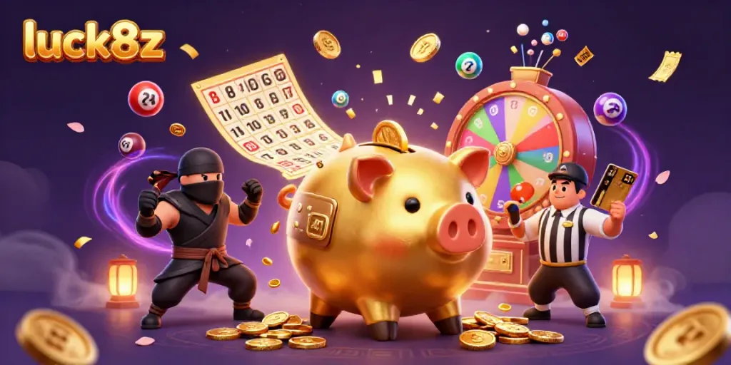 Experience jackpot wins at luck8z with dynamic characters and colorful elements in this vibrant casino illustration.