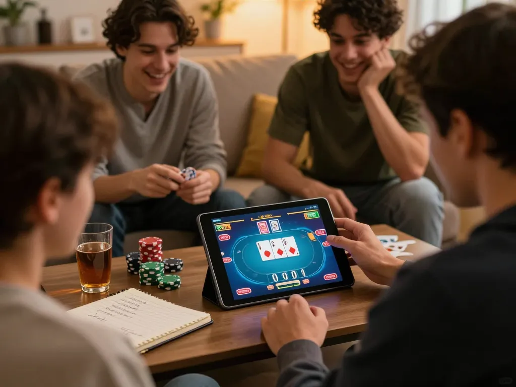 Players experience exciting poker action on PP9WIN platform using tablets at home, showcasing digital gameplay.
