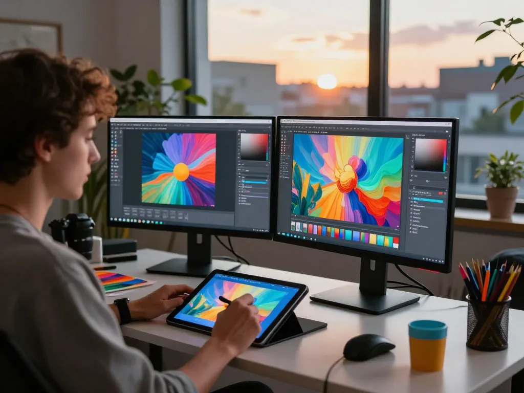 A digital artist creating vibrant AI porn imagery in a contemporary studio with dual monitors and creative tools.