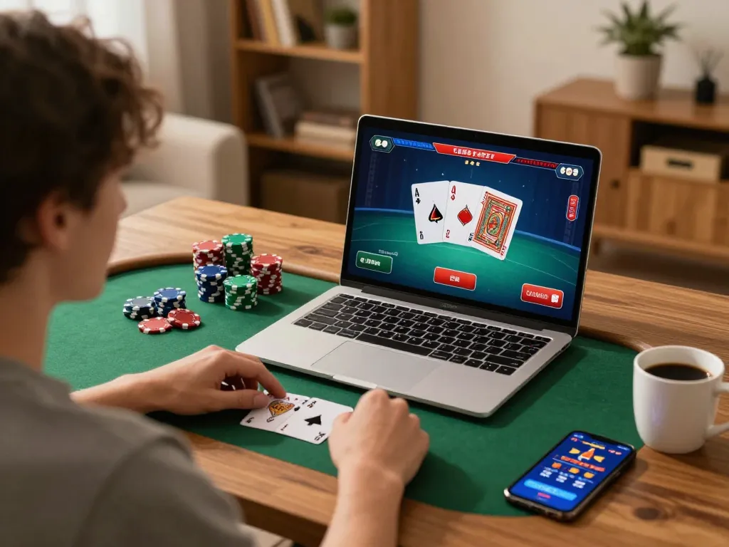 Engaging in HITCLUB poker game on laptop, showcasing cards and chips in cozy home setting