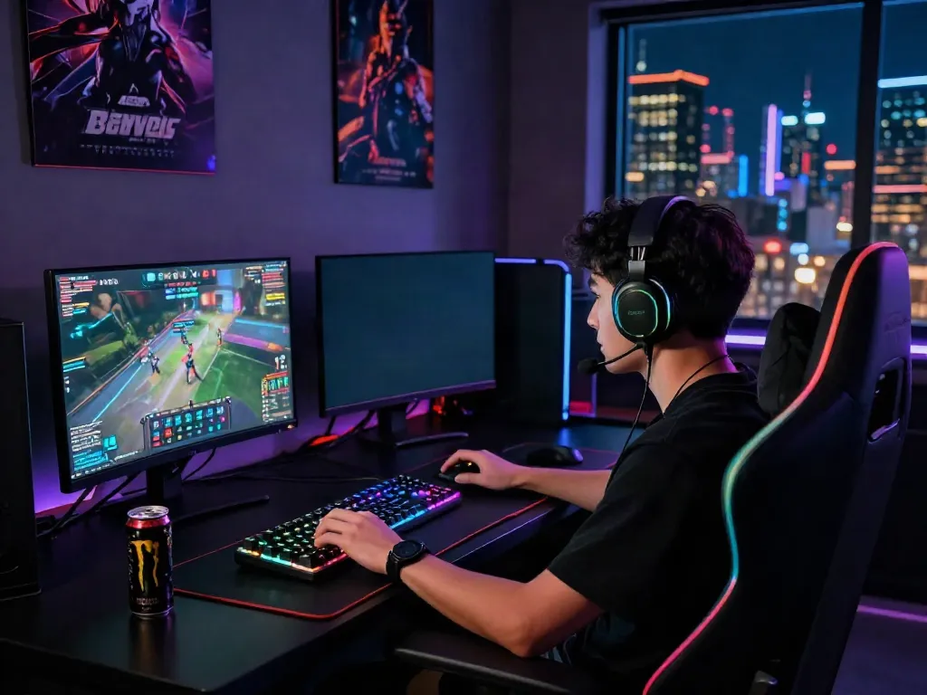 Gamer enjoying link vào 78win gameplay on dual monitors in an immersive gaming setup.