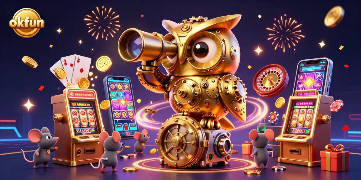 Spin to win with okfun's vibrant digital casino scene featuring whimsical characters and exciting game elements.