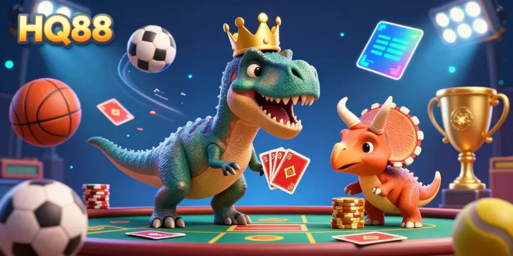 Experience the thrill of HQ88's vibrant casino world with T-Rex and friends engaging in exciting card games and bets.