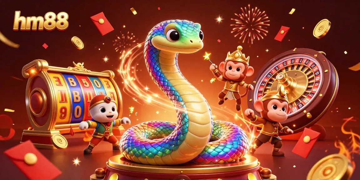 Spin winning slots with hm88, featuring an enchanting monkey king and a vibrant rainbow serpent.