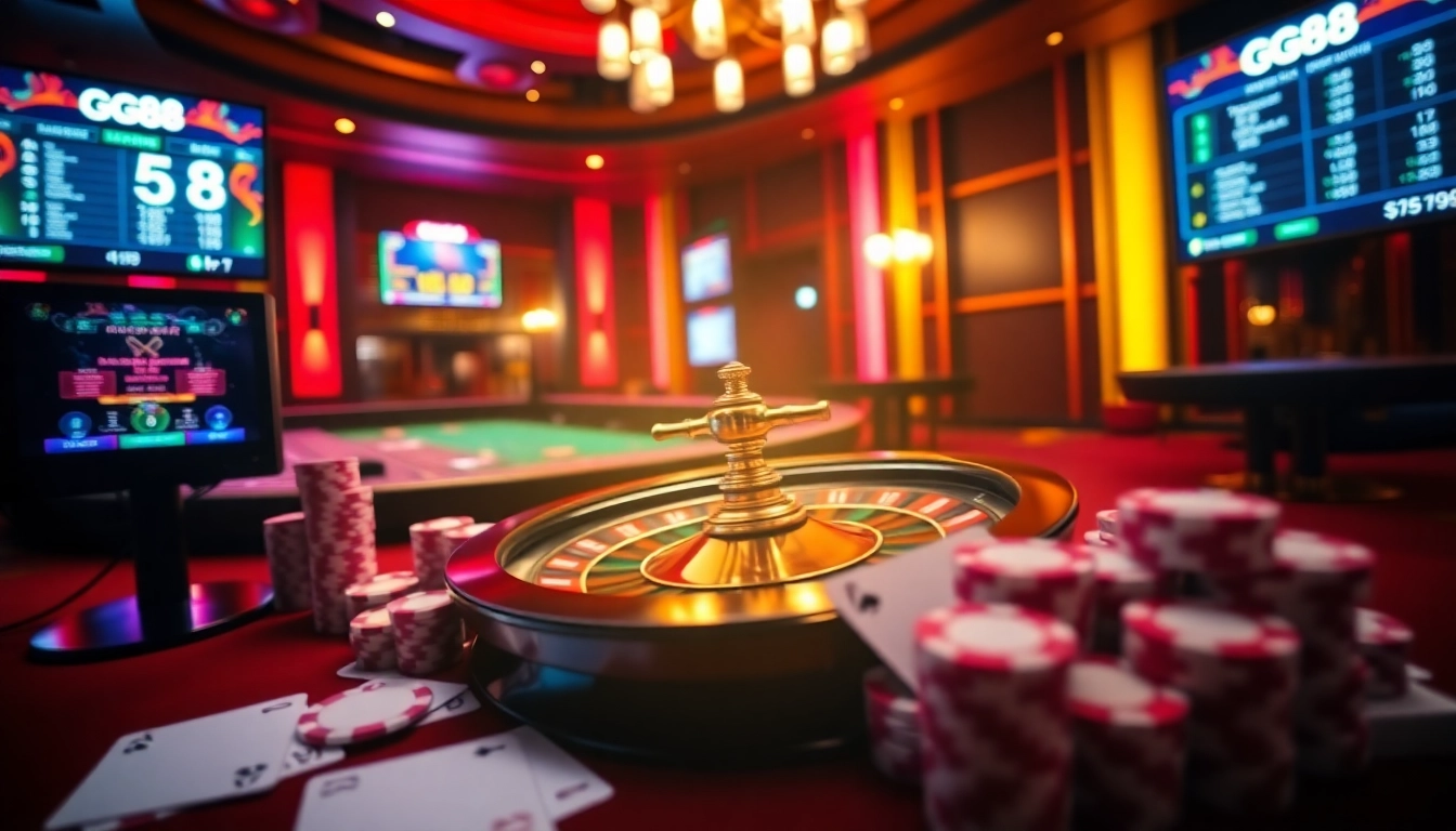 Experience thrilling gameplay at GG88 with vibrant casino elements like roulette and poker chips.