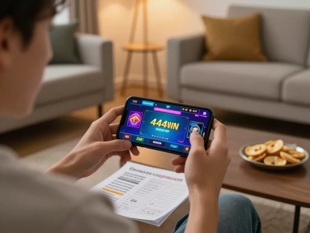 Engaging in live betting on 4444WIN with a smartphone, showcasing responsible gaming in a cozy environment