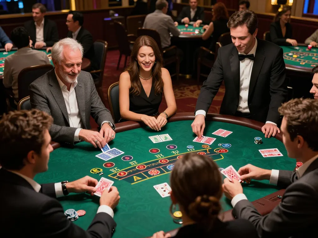 Players strategizing at a 7M blackjack table under warm lighting, capturing the excitement of casino gameplay.