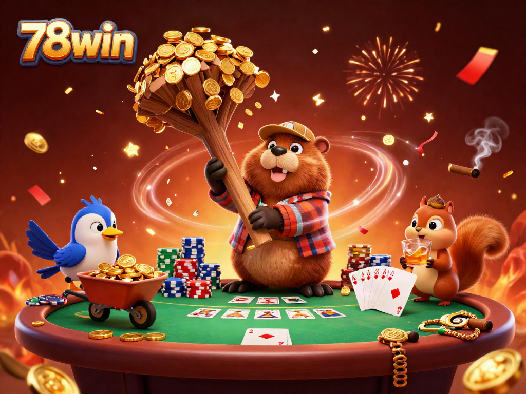 Win big with 78win as a beaver chops a tree raining gold coins at a lively casino scene.