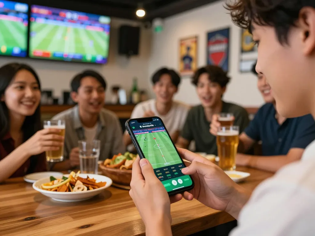 Person enjoying sports betting on keobongda while watching a live match in a vibrant bar.