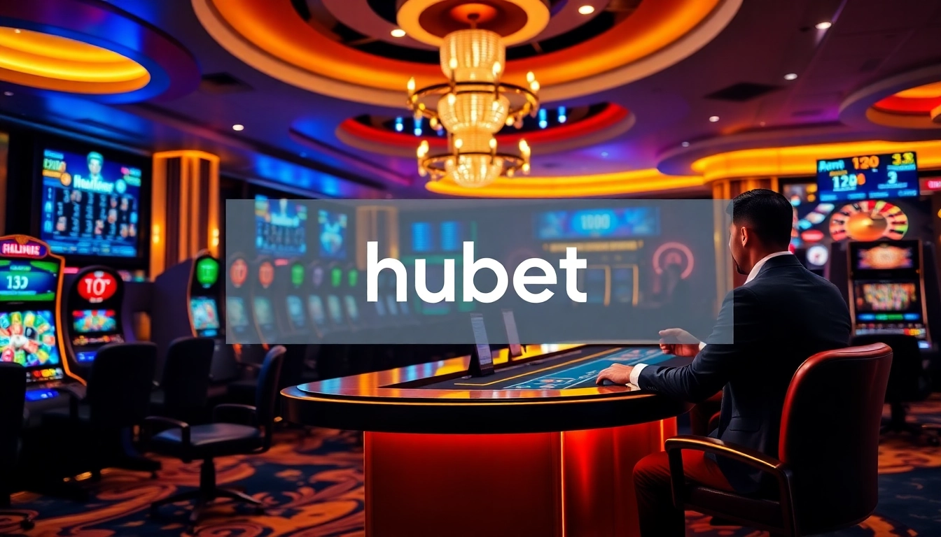 Experience the excitement of hubet with a stylish online casino gaming scene, featuring vibrant slot machines and engaging dealers.
