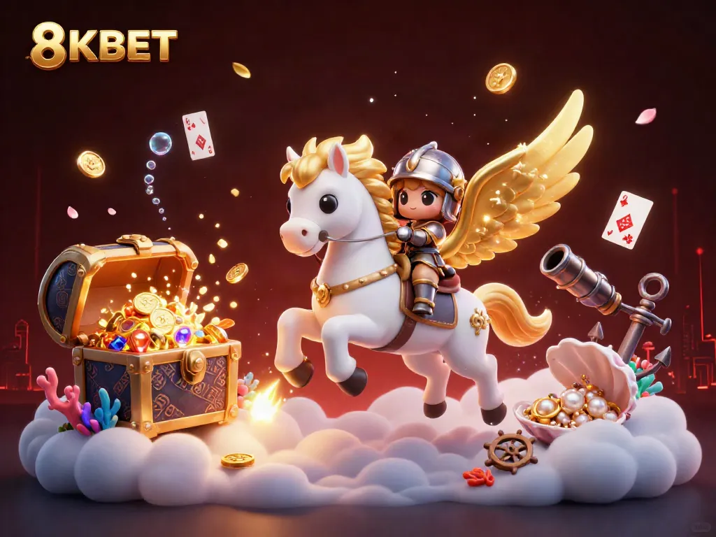 Experience excitement with 8KBET as a knight rides a celestial horse amidst treasure and casino elements.