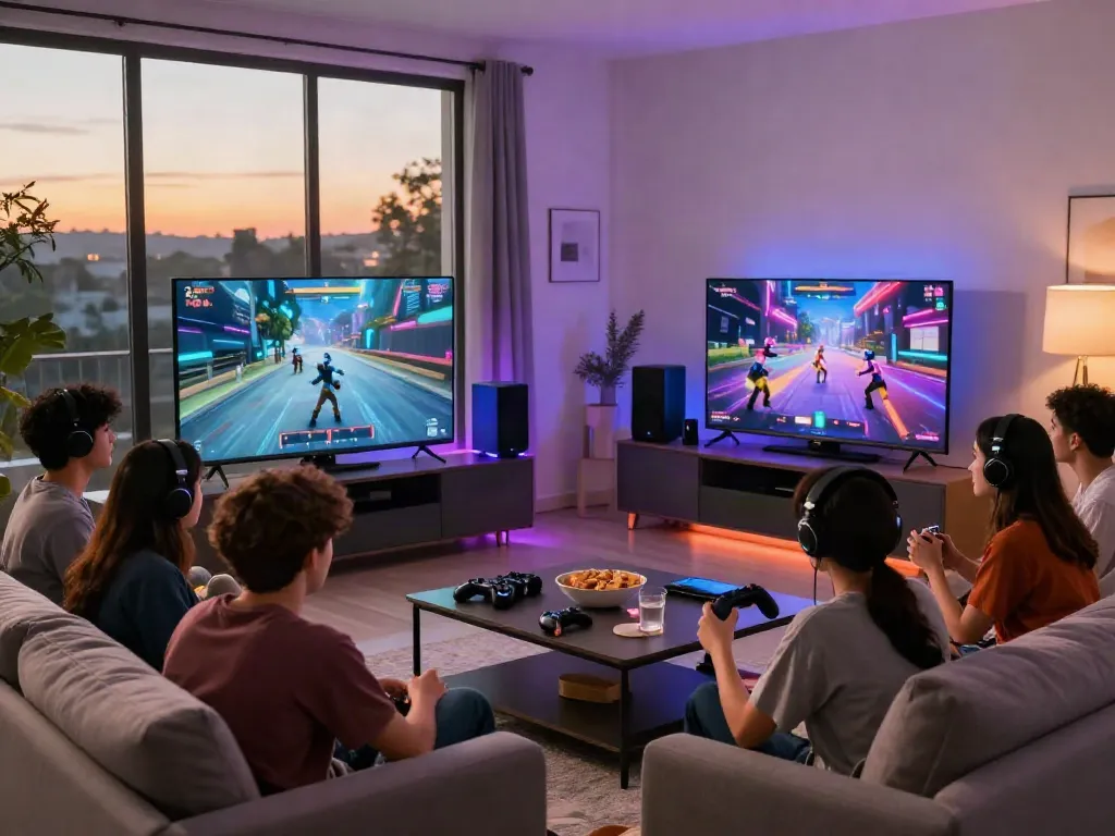 Friends enjoying an F168 gaming experience in a modern living room with vibrant lighting.
