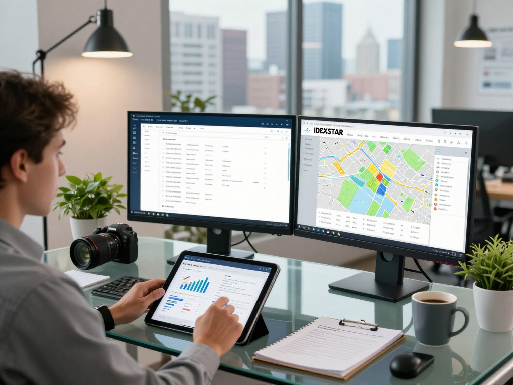 Real estate professional utilizing IDXSTAR software in a vibrant office space with urban views.