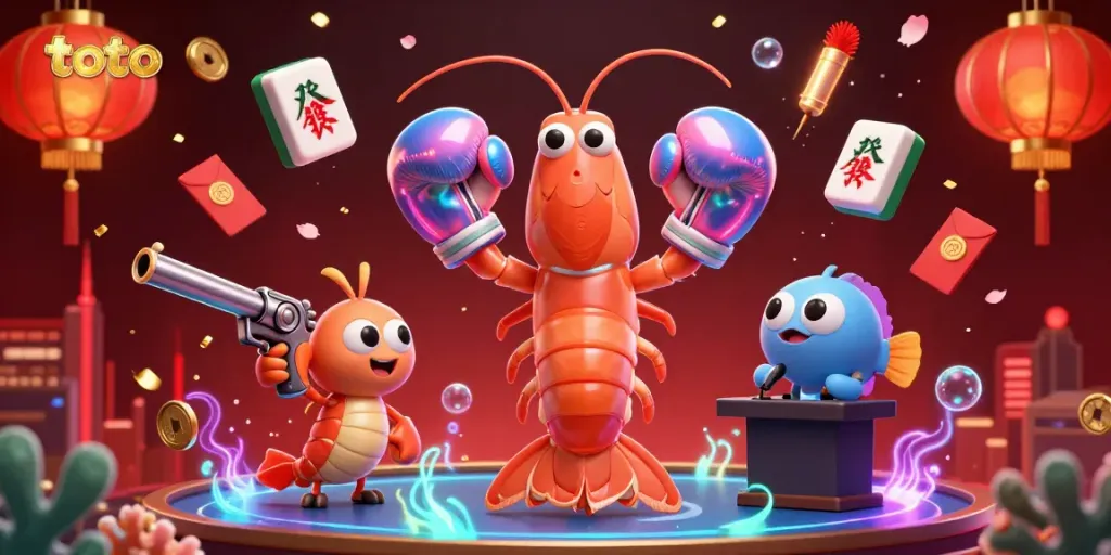 Engage with the thrilling toto-themed casino illustration featuring playful shrimp characters and dynamic elements.
