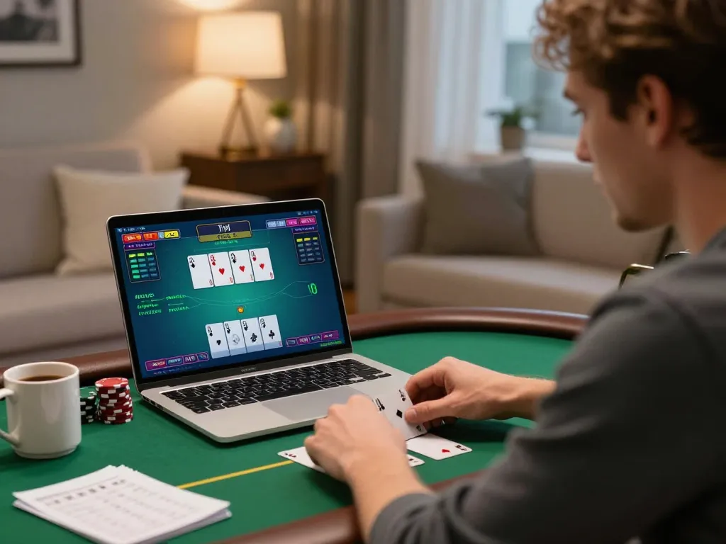 MM88 player enjoying online poker game session at home, highlighting strategic gaming decisions.