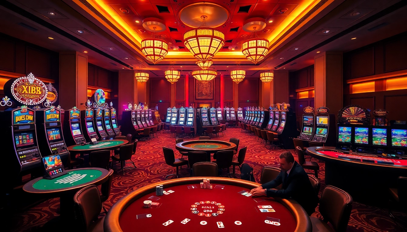 XX88 players engaging in a high-stakes poker game surrounded by vibrant casino elements.