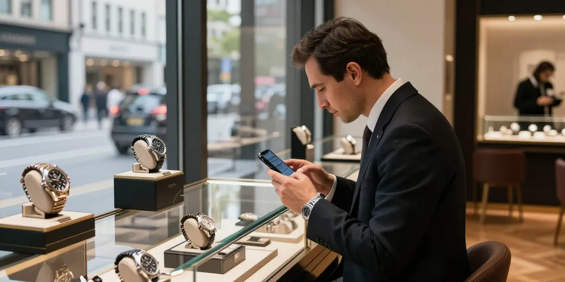 Explore premium replica watches in an elegant urban watch store setting.