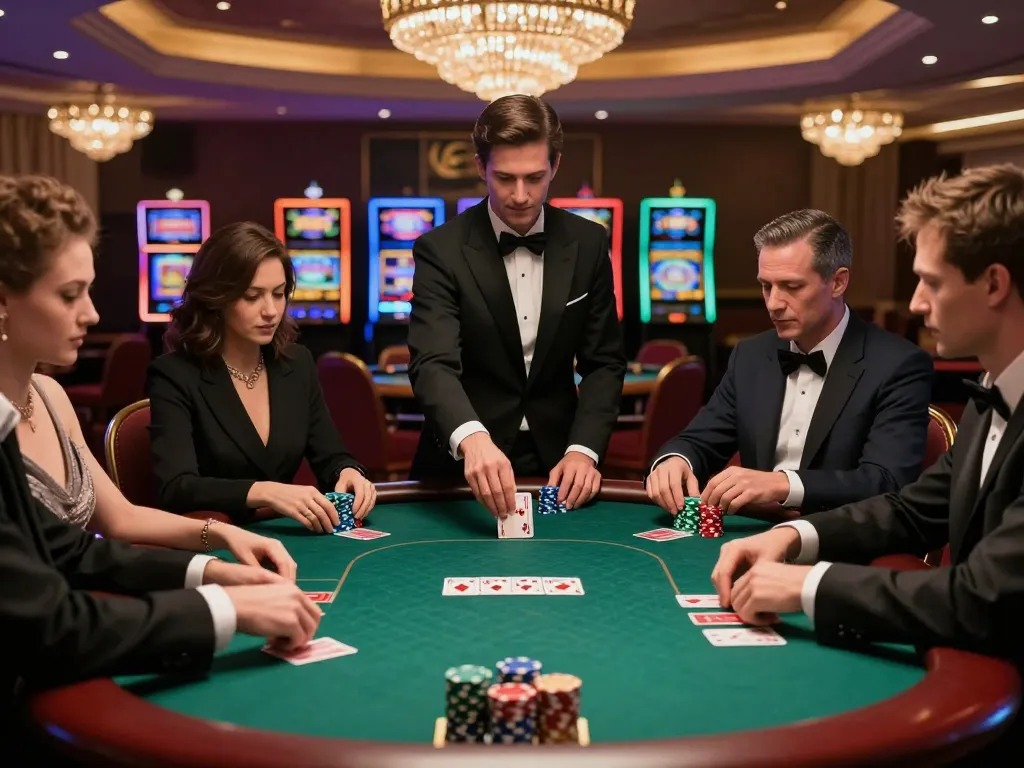 Luck8 players strategizing during an intense poker game, showcasing high-stakes action in a luxurious casino.