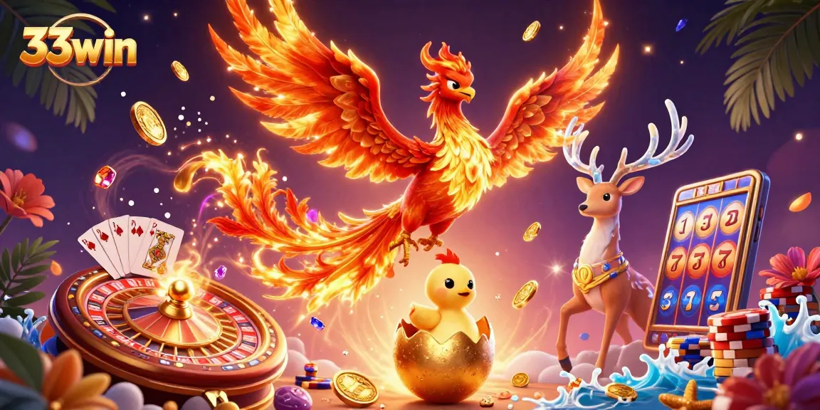 Experience thrilling casino magic with 33win, featuring vibrant phoenixes and dynamic gaming elements.