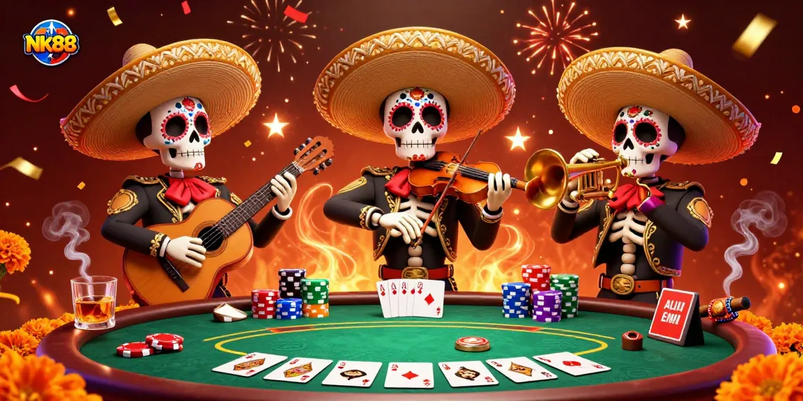 Join the vibrant celebration at NK88 with a mariachi band amidst colorful casino elements.