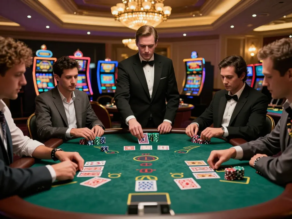 Players are engaging in an intense blackjack game at a lavish table in hm88 casino
