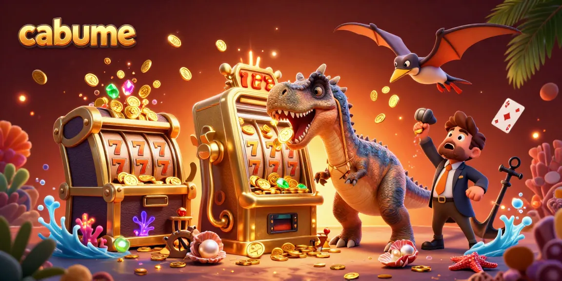 Cabume showcases a pachycephalosaurus hitting a slot machine, creating a vivid gaming scene.