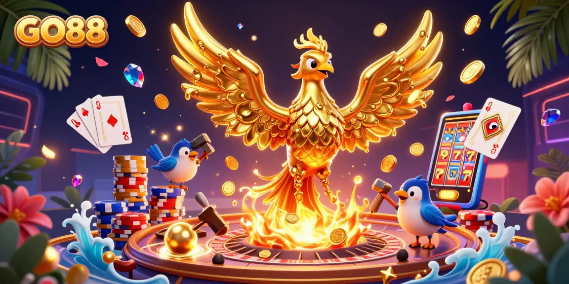Experience thrilling action with GO88 as a golden phoenix emerges, surrounded by vibrant gambling elements.