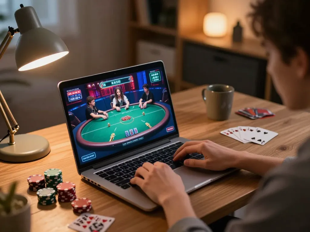Engaging poker game on laptop screen, highlighting luckywin experience in cozy home office setting.