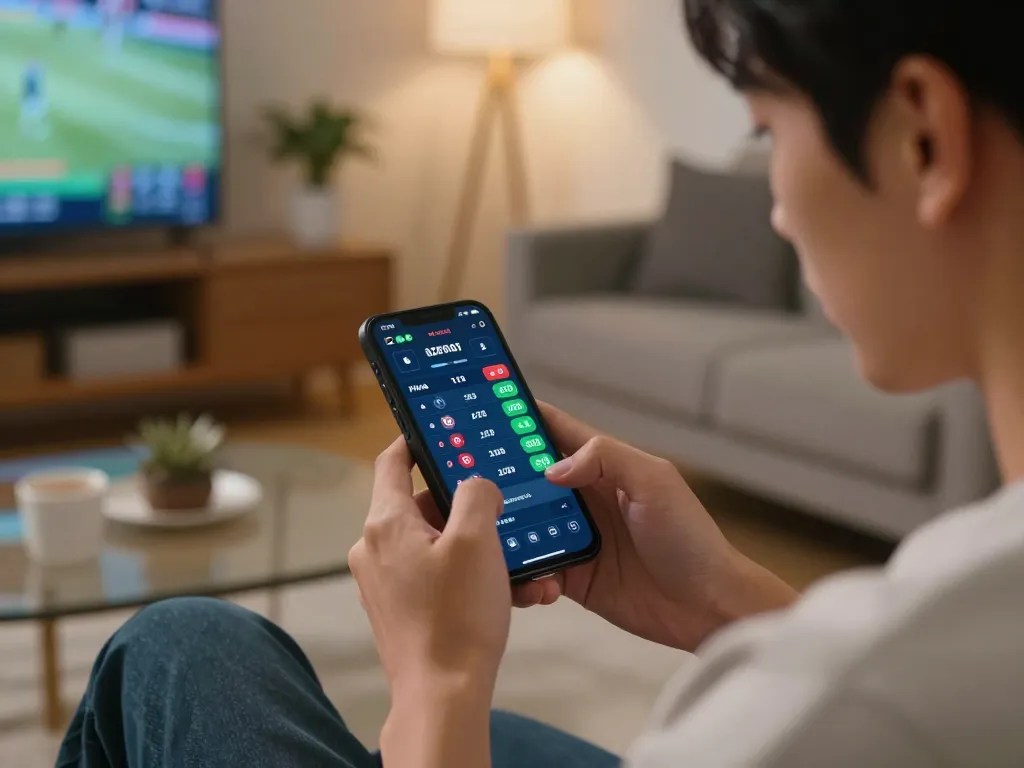 Person actively placing bets on uu8855 using a smartphone in a cozy living room environment.