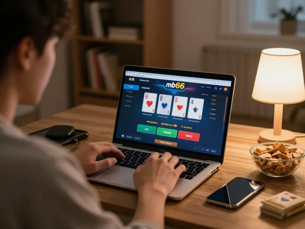 Engaging player using mb66 on laptop for online gambling with strategic focus in cozy setting.