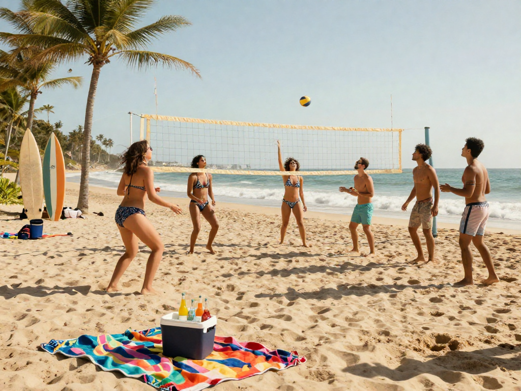 Friends in stylish BIKINISLOT swimsuits playing beach volleyball on a sunny shore.
