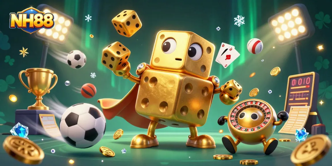 Experience the thrilling world of NH88 casino with dynamic sports elements and golden dice golem in action!