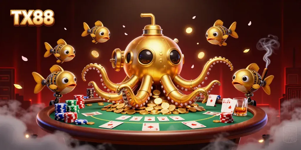 Experience the excitement of TX88 casino with a vibrant, dynamic illustration of gameplay elements.