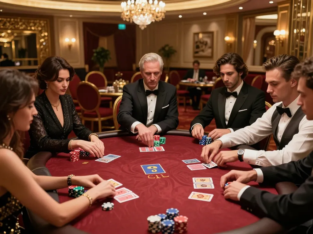 Fabet poker players strategizing with cards and chips in an upscale casino setting