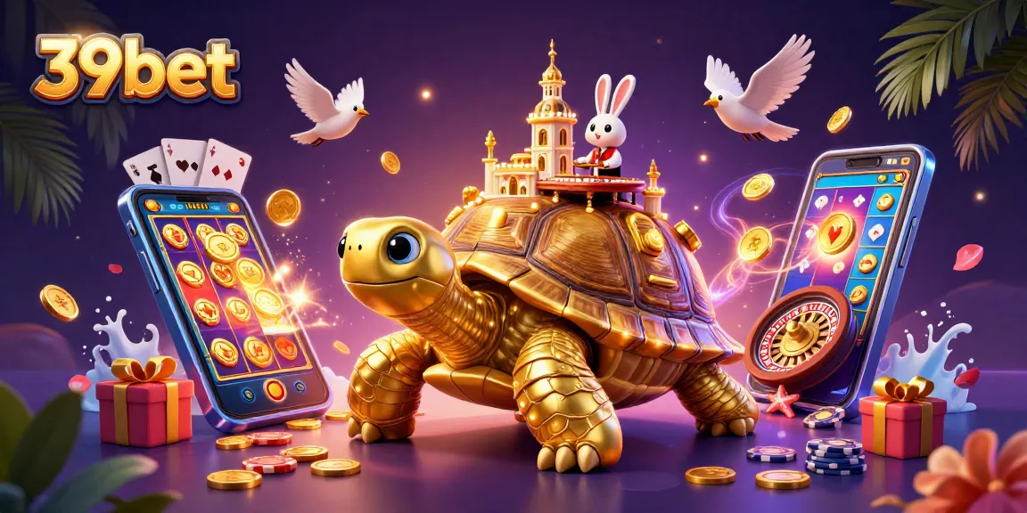 Experience big wins with 39bet's vibrant casino environment showcasing an entertaining golden tortoise and rabbit dealer.