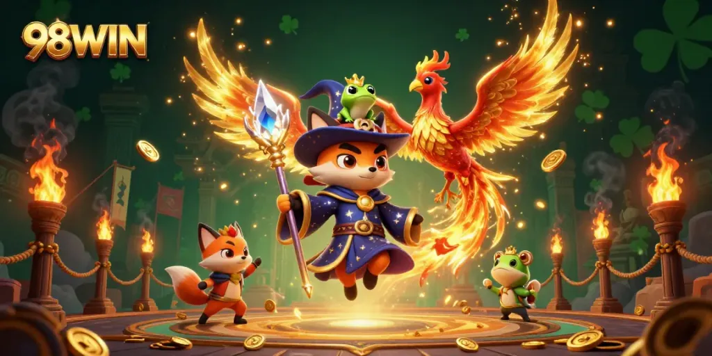 Experience thrilling gameplay action with 98WIN's mystical creatures and vibrant casino elements.