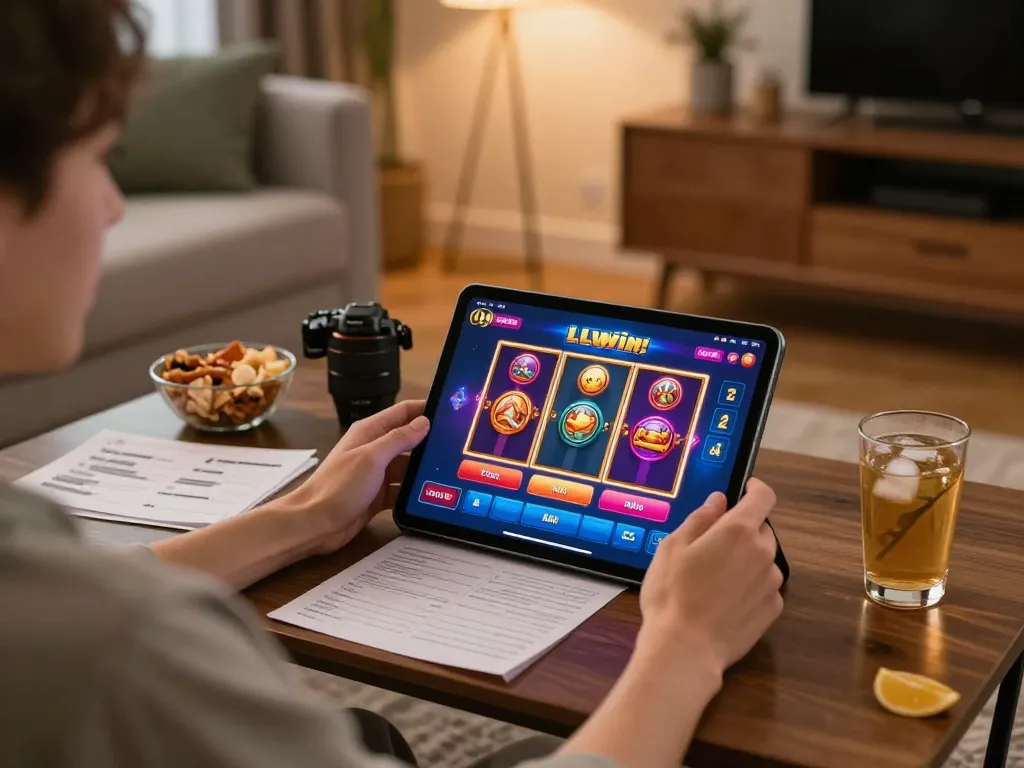 Play the LLwin casino app on a tablet surrounded by snacks and strategy notes in an inviting home setup.