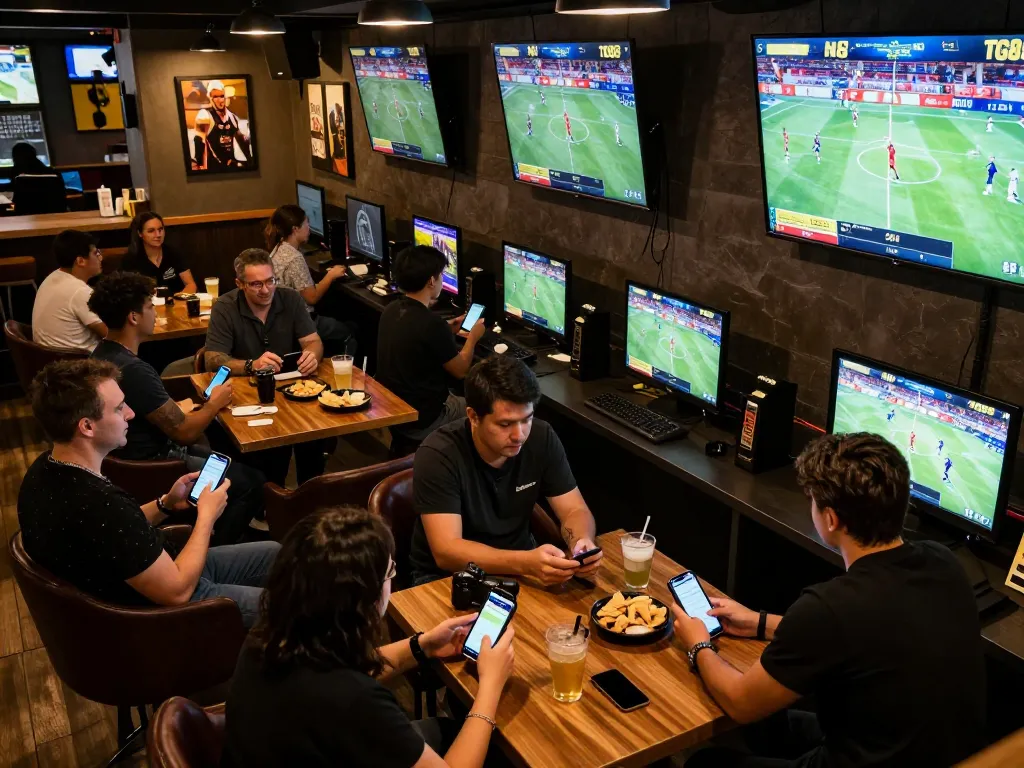 Patrons placing bets at TG88 while watching live sports events in a lively sports bar.