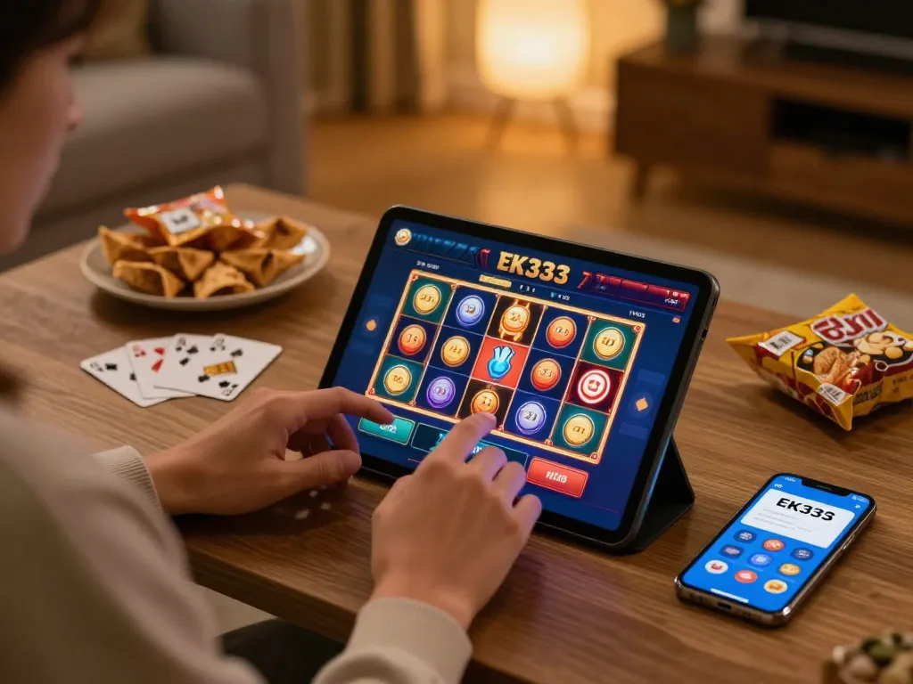 Playing slots on EK333 app in a cozy home setting with engaging mobile gaming.